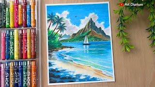 Relaxing Blue Beach Scenery | Easy Oil Pastel Drawing Tutorial for Beginners ️