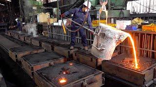 process of making manhole covers by recycling chunks of scrap metal. metal factory in korea