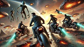 Four human friends cross galaxies on motorbikes, facing alien dangers and rediscovering friendship