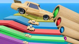Big and Small Wooden Cars vs Stairs with Colors Tube - BeamNG #77