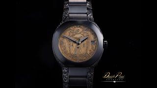 Custom watch - hand-engraved crest on gold dial , bracelet and case. Daniele Pozzi engraver