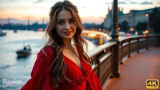 4K AI Art Lookbook｜Elegant AI Model in Red Dress by Moscow River at Twilight