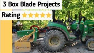 #47 CountyLine 5 Foot Box Blade Review Demonstrated on 3 projects on John Deere 2038R 2032R tractor