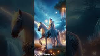 a majestic elven queen sits at the center of an enchanted glade riding a glowing unicorn  the scene
