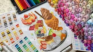 draw with me, sweet dessert illustrations a cozy vlog, using 320 color alcohol-based marker set