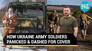 Ukraine Army pickup truck comes under Russian artillery fire; Soldiers panic and dash for cover