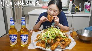 Real Mukbang:) Homemade Super Crispy Fried Chicken Wings  Beer, green onion chicken