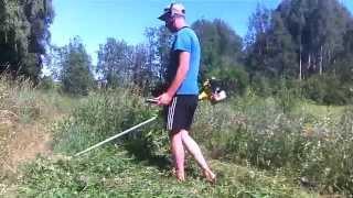 Покос травы мотокосой. Grass mowing scythes