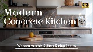 Modern Concrete Kitchen with Wooden Accents & Sleek Dining Tables: Stylish Spaces for Culinary