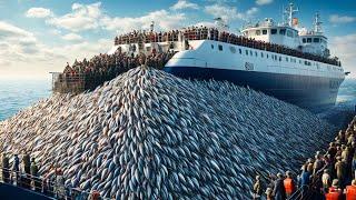 Fishermen catch billions of mackerel with giant trawls, catching and processing sardines