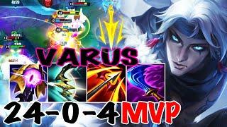 WILD RIFT VARUS ADC GAMEPLAY | 24 -0 -4 MVP | VARUS BUILD RUNES