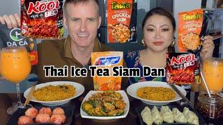 THAI ICE TEA SIAM DAN, MOMO, NOODLES, AR VUN, SANGHA VUN, PAKHAWI CHIPS, SALAD #mukbang #asmr