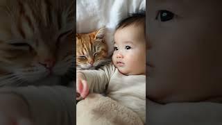 Sweet Ginger Cat Wakes Up with Baby! #Shorts #GingerCat #CuteMoments #BeastStudio