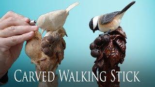 Wood Carved Chickadee and Blackberry Bramble Walking Stick