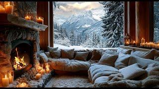 Winter Escape! Mountain Cabin Snowy Night | Fireplace and Snowfall Ambiance