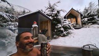 Off Grid Winter Cabin And Wood Fired Hot Tub In Snow Storm