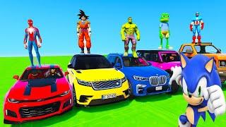 SPIDERMAN CARS Race Challenge MEGA GODZILLA Rampa ! SUPERHERO HULK Iron Man Goku Car Racing - GTA 5