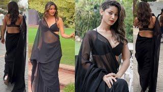 Anaya Rawat Posing Transparent Black Plain Saree with Matching Bikini Black Blouse and Loose Waves