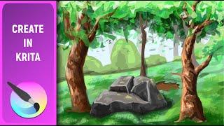 Speed ​​painting in Krita: Summer forest landscape. Process of creation.