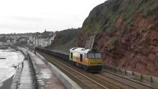 Colas 60047 on the Dawlish sea wall with loaded Ballest train 30-01-2016