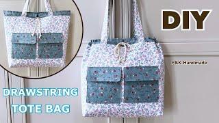 DIY LARGE UNIQUE DRAWSTRING TOTE BAG | TOTE BAG MAKING AT HOME | SEWING TUTORIAL STEP BY STEP |