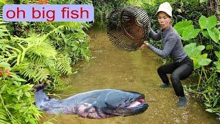 Ana used a bamboo trap to catch fish in the stream. And caught a lot of fish to sell.