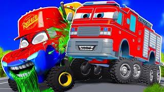 BIG FIRETRUCK and Tow Mater VS Lightning McQueen Mega Zombie cars in BeamNG.drive