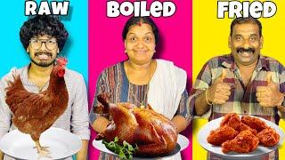 RAW vs BOILED vs FRIED FOOD CHALLENGE 