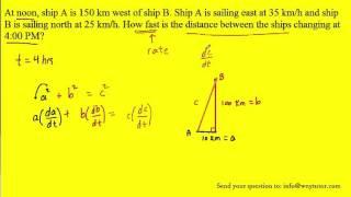 At noon, ship A is 150 km west of ship B. Ship A is sailing east at 35 km/h and ship B is sailing no