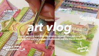 art vlog  art desk tour, painting studio ghibli scenes, spirited away bathhouse, the marsh house