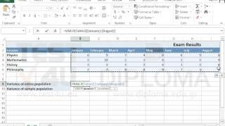 Use the VAR,VAR.S,VAR.P,VARP functions to calculate the variance of a cell range (Excel 2013)