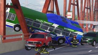 Metro bus crashes on highway bridge - emergency response