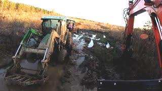 Two Stuck Tractors Buried in the Mud! Excavator Rescue Trackhoe Kubota Caterpillar