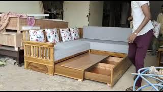 space saving L shape sofa cum bed 100% teakwood. #8125300007