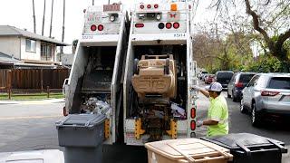 Split Rear Loader Garbage Truck on Apartment Recycling