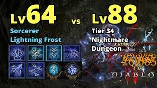 Lv64 Lightning Frost Sorcerer Tier 34 Nightmare Dungeon Run(Lv88 Mob) w/ Build - Diablo 4