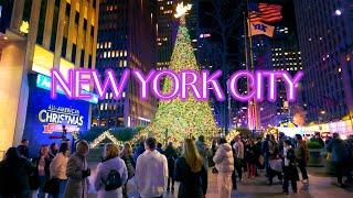 NEW YORK Christmas decorations Walking Tour 4K, Night Walk in Manhattan