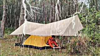 SOLO CAMPING IN LONG HEAVY RAIN AND THUNDERSTORMS - THE SOUND OF RAIN RELAXING