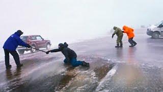 Winterwahnsinn auf vereisten Straßen, mit der Kamera festgehalten