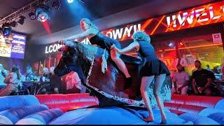 Pretty girls from the West Riding on a mechanical bull at the #Benidorm entertainment venue.23th2024