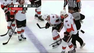 Erik Karlsson is injured by Matt Cooke's skate. Feb 13th 2013
