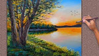 Sunrise Painting Tutorial Easy / Landscape with Trees and Lake / Fine Art