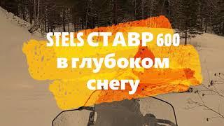 Снегоход STELS СТАВР 600 в глубоком снегу на косогоре между деревьев в подъем