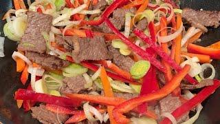 WOK с Говядиной и Овощами - вкусный и быстрый ужин. Рисовая лапша Терияки.