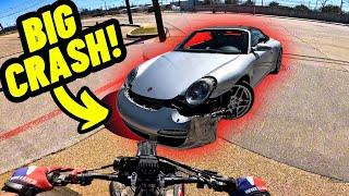 DRUNK DRIVER CRASHES PORSCHE WHILE RIDING MY MOTORCYCLE!!