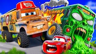 Tow Mater BUS and Lightning McQueen VS HULK MEGA ZOMBIE apocalypse cars in BeamNG.drive