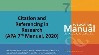 Citation and Referencing as per APA  7th Ed