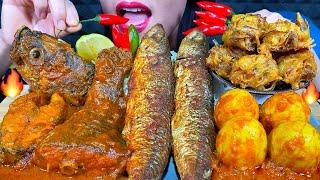 ASMR SPICY FISH CURRY, FISH FRY, EGG CURRY, ONION PAKODA MASSIVE Eating Sounds