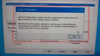 System Configuration cannot save the original boot configuration for later restoration  Bitlocker