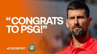 Novak Djokovic reacts after advancing to quarter-finals at Roland-Garros 